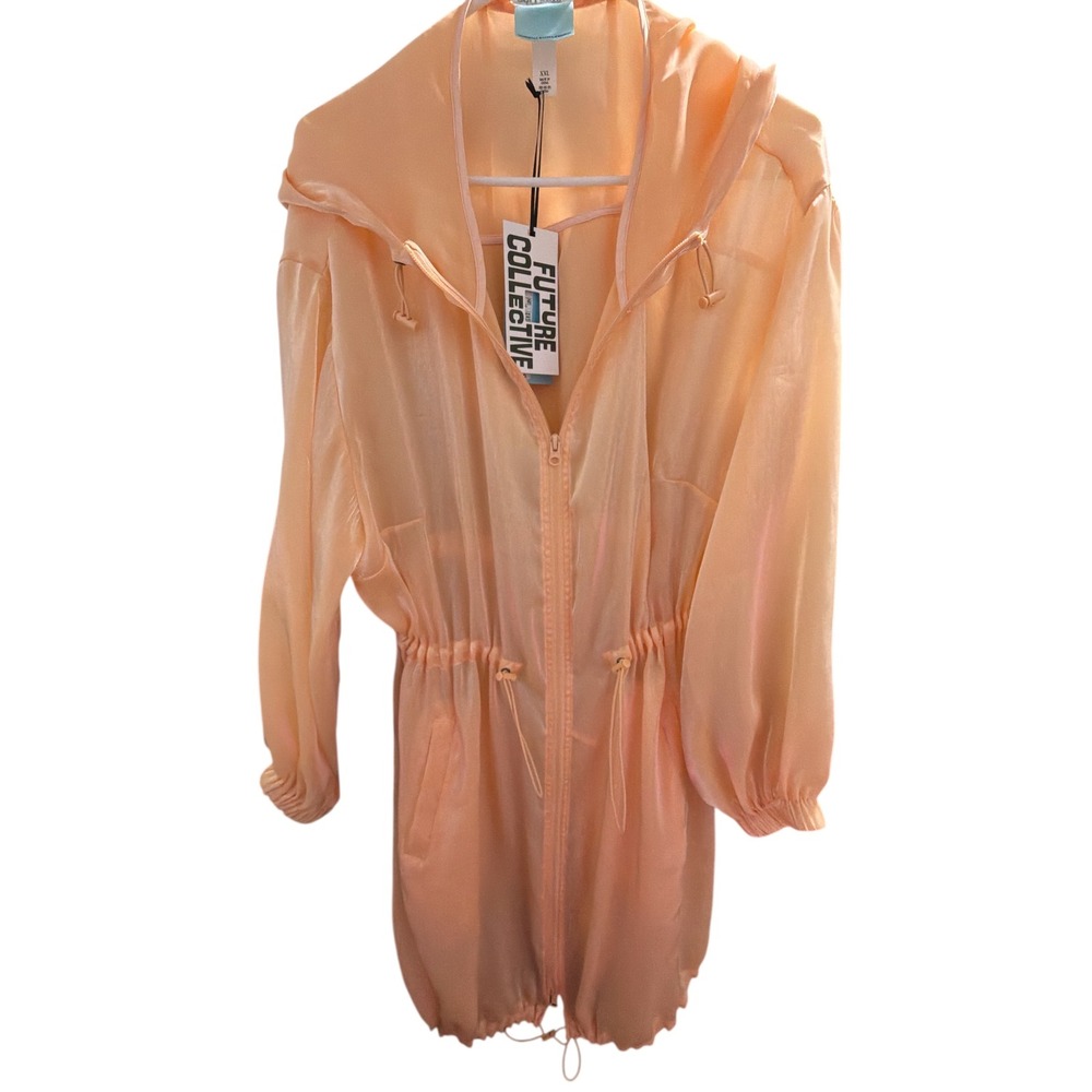 Future Collective Sheer Hooded Drawstring Waist Long Sleeve Jacket Peach Orange - Picture 2 of 4